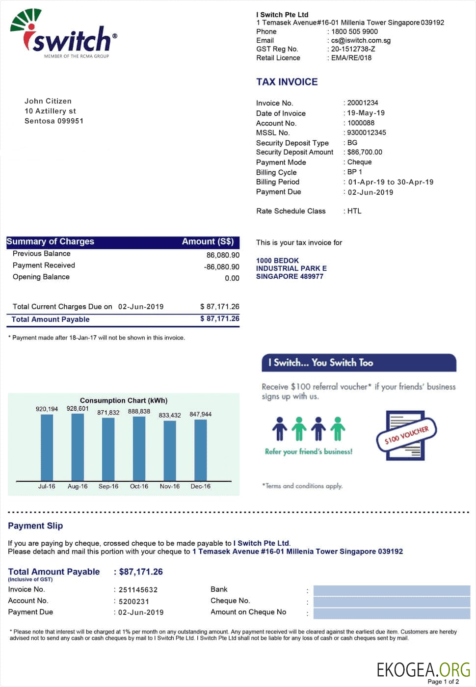 Singapore Iswitch energy utility bill template, fully editable in PSD format